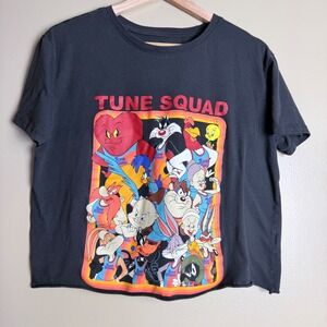 Y2K Space Jam Legacy T-Shirt Women XL Black Graphic Raw Hem Cropped Grunge 90s